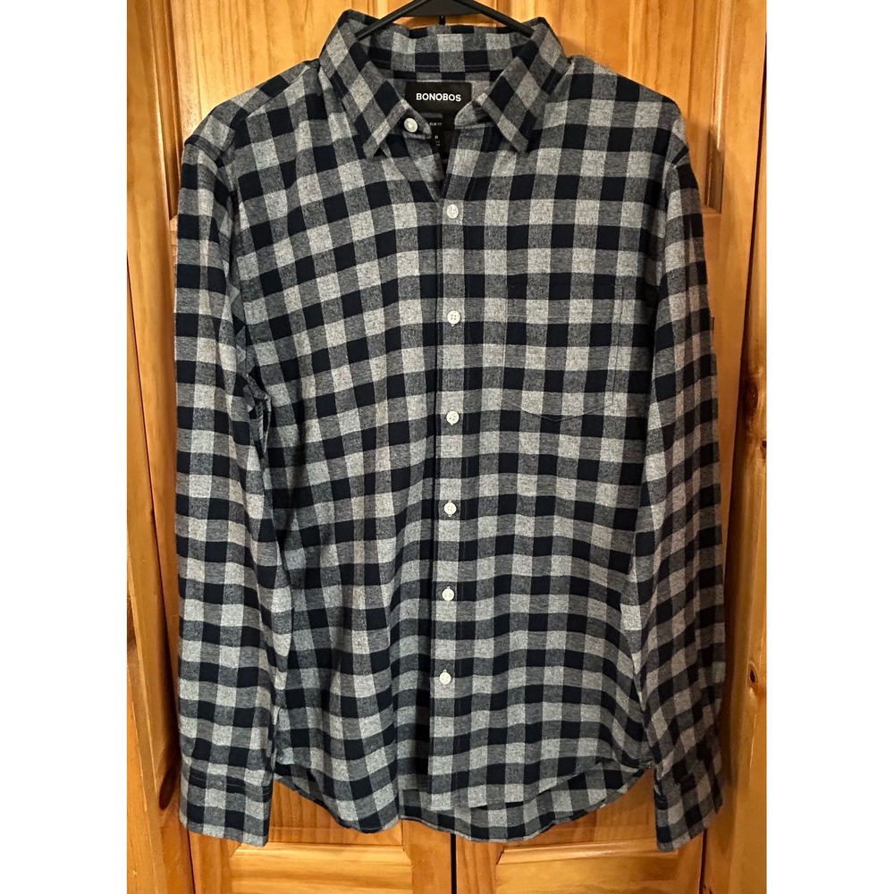 Bonobos Men's Slim Fit Button Down Shirt Navy Grey Check Plaid Long Sleeve